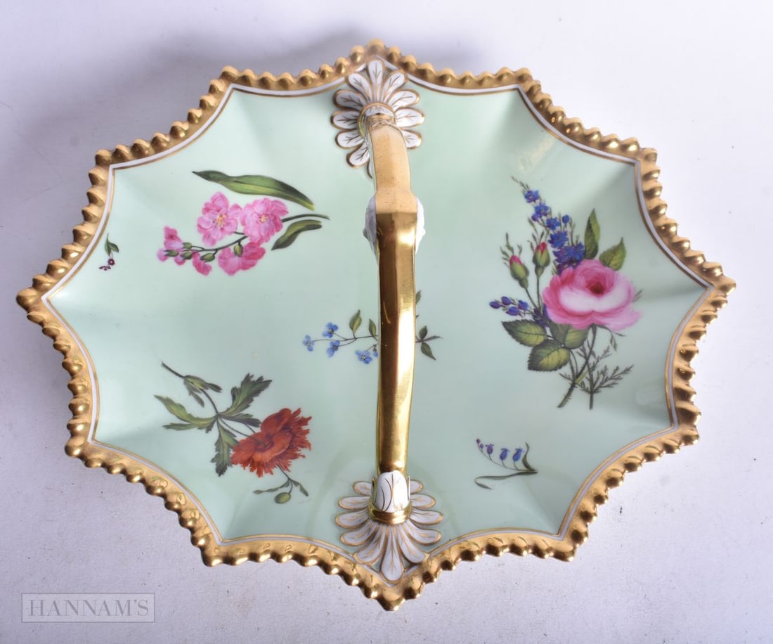 Flight Barr and Barr Worcester basket with over-handle painted with flowers on a lime green ground c (1 of 3)