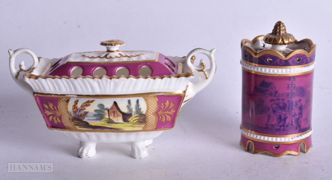 Spode toilet pot and pierced cover painted with people and landscape under a claret glaze c. 1820 an (1 of 4)