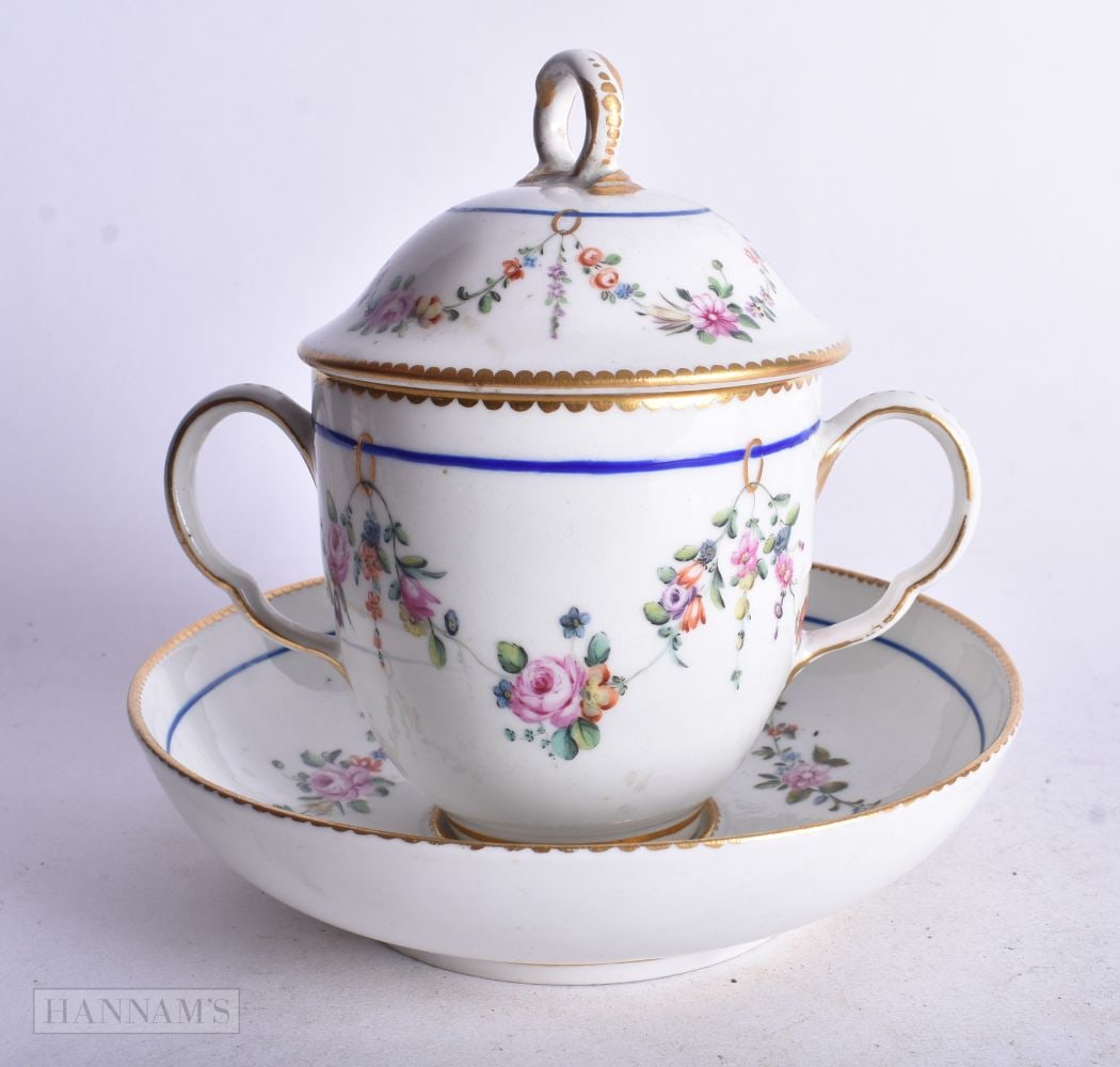 Chelsea Derby chocolate cup cover and stand, each piece painted with festoons of flowers under a blu (1 of 4)