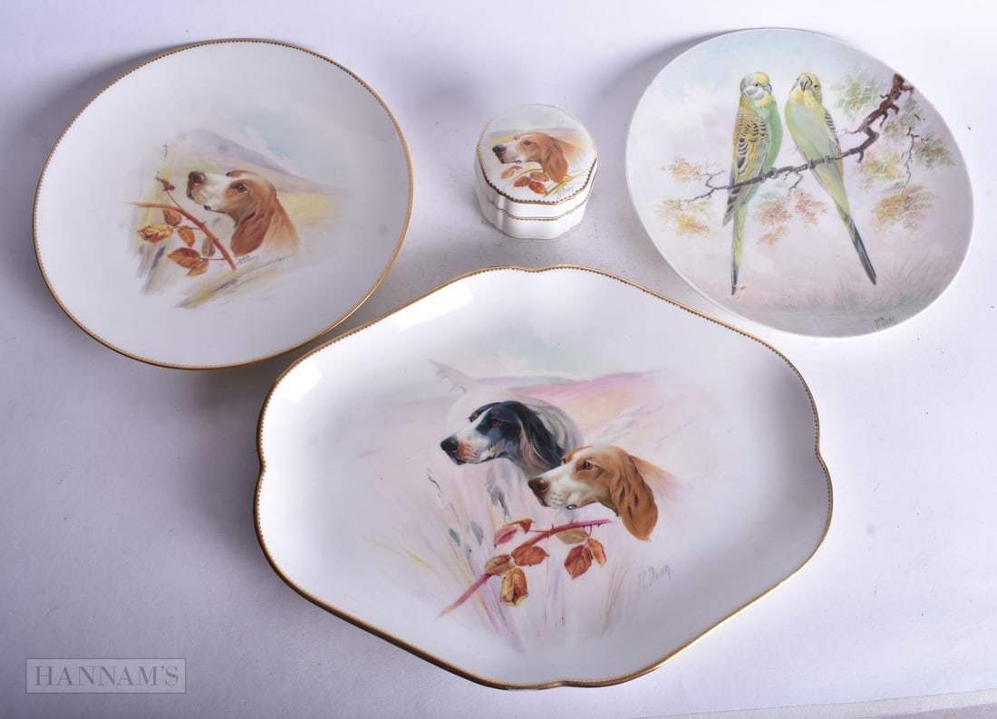 Minton collection of dogs and budgerigar, a large dish, a plate and a box together with a plate with (1 of 7)