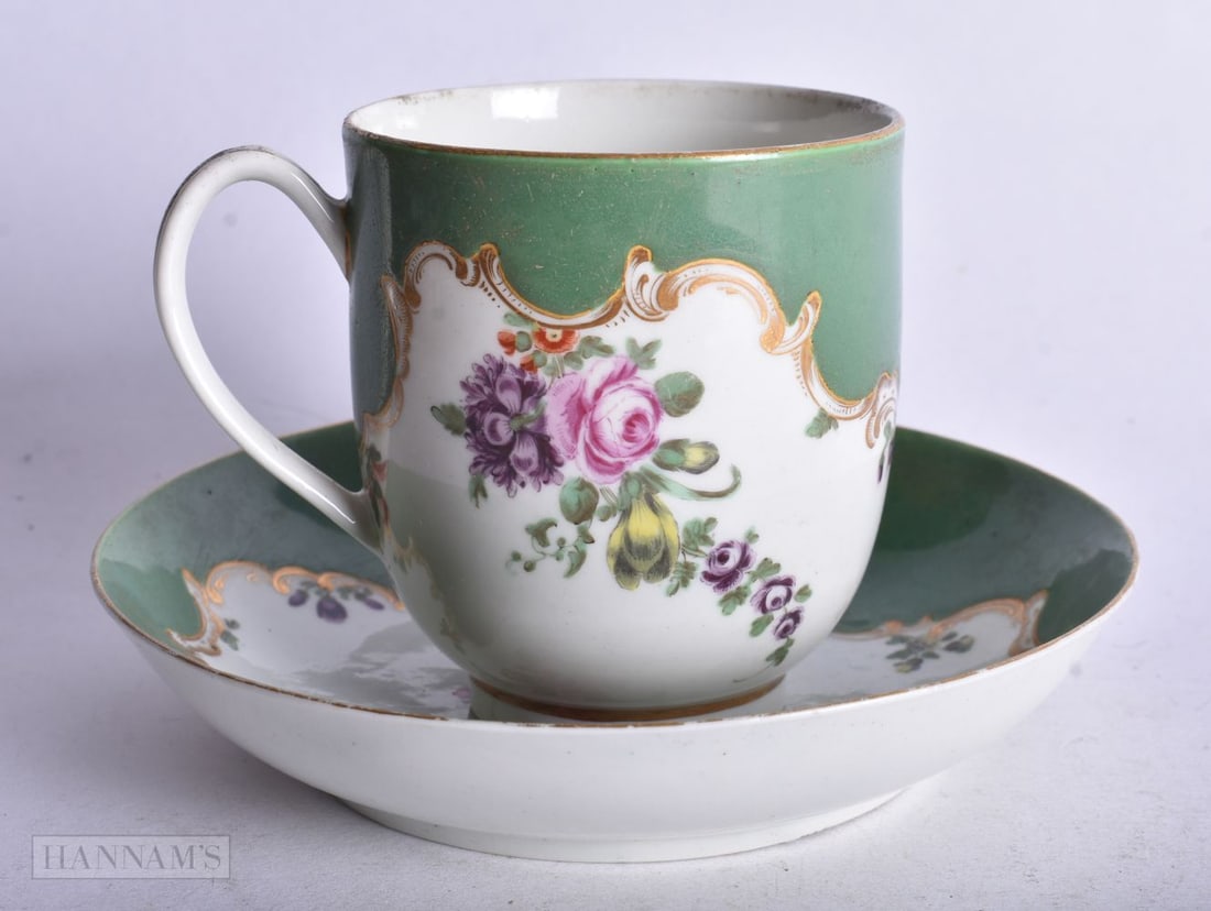 Worcester coffee cup and saucer painted with chains of flowers in the style of the Marchioness of Hu: Worcester coffee cup and saucer painted with chains of flowers in the style of the Marchioness of Huntly