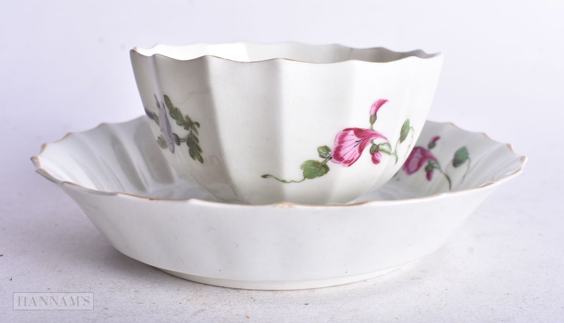Worcester FACETED teabowl and saucer painted with flowers, fretted square mark, 12 cm diameter (2) (1 of 4)