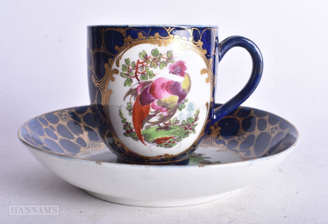 Worcester coffee cup and saucer painted with birds in a panel with ?cracked ice? gilding (1 of 4)