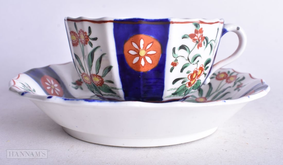 Worcester teacup and saucer painted with the ?Queen?s? pattern, fretted square mark, 13.5cm diamete (1 of 4)