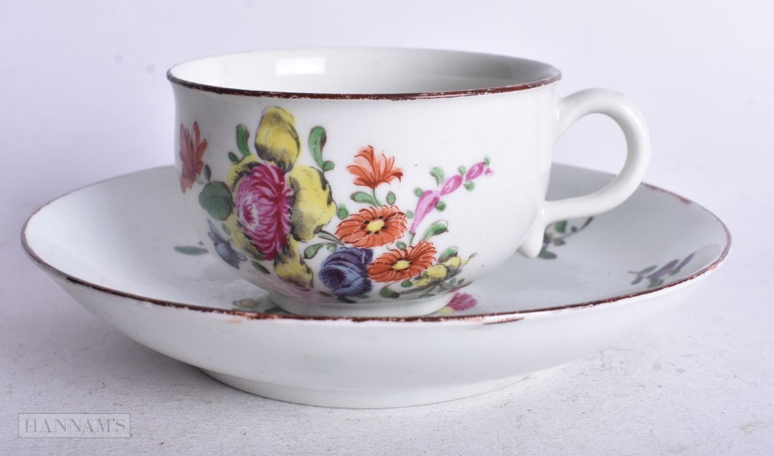 Worcester early teacup and saucer painted with bouquets of flowers and scattered sprigs (1 of 4)
