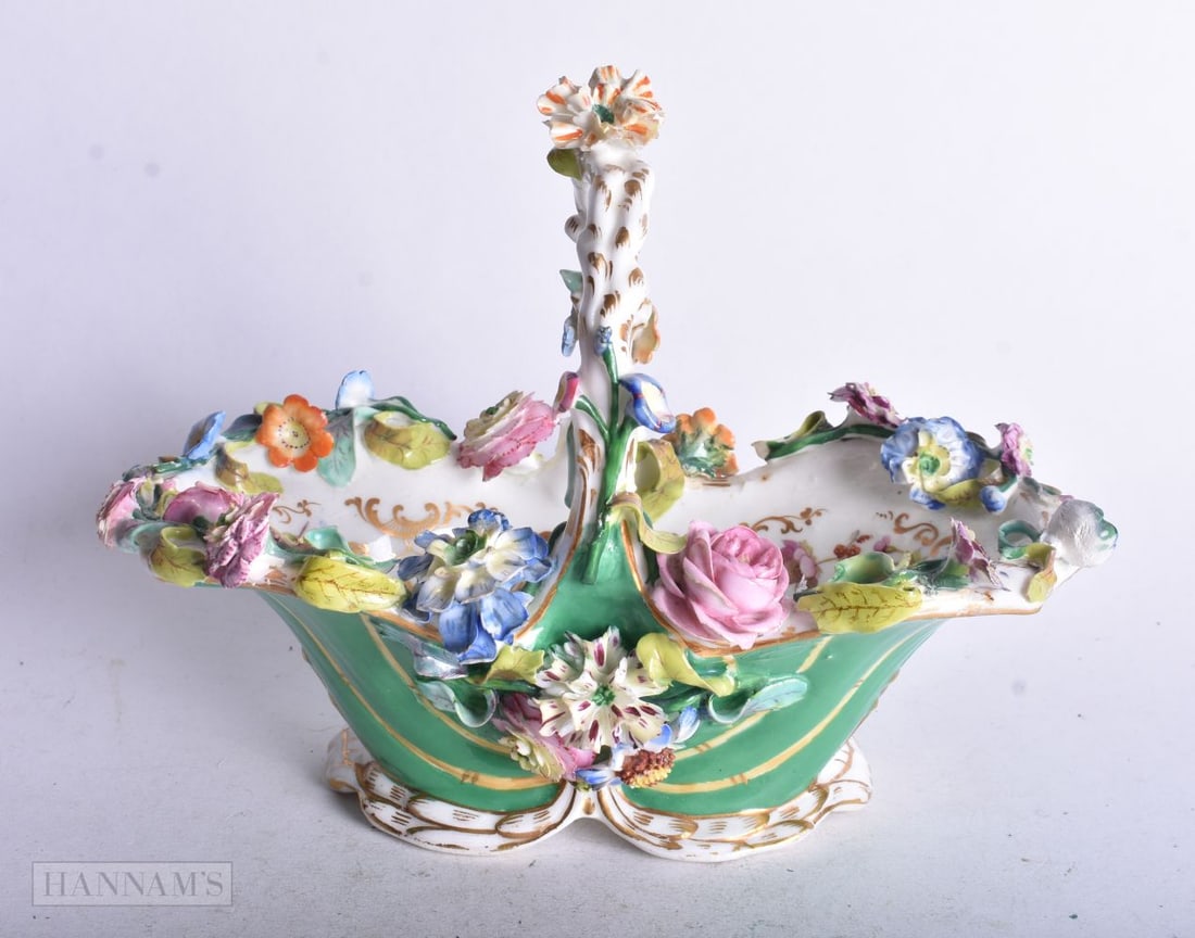 Coalbrookdale basket with overhead handle encrusted with flowers on a green ground, the interior wit: Coalbrookdale basket with overhead handle encrusted with flowers on a green ground, the interior with painted flowers, 15 x 20 cm