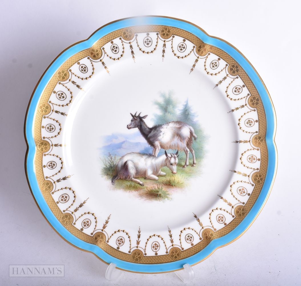 Minton plate with turquoise border and acid etched gilding painted with a scene of goat on a mountai (1 of 2)