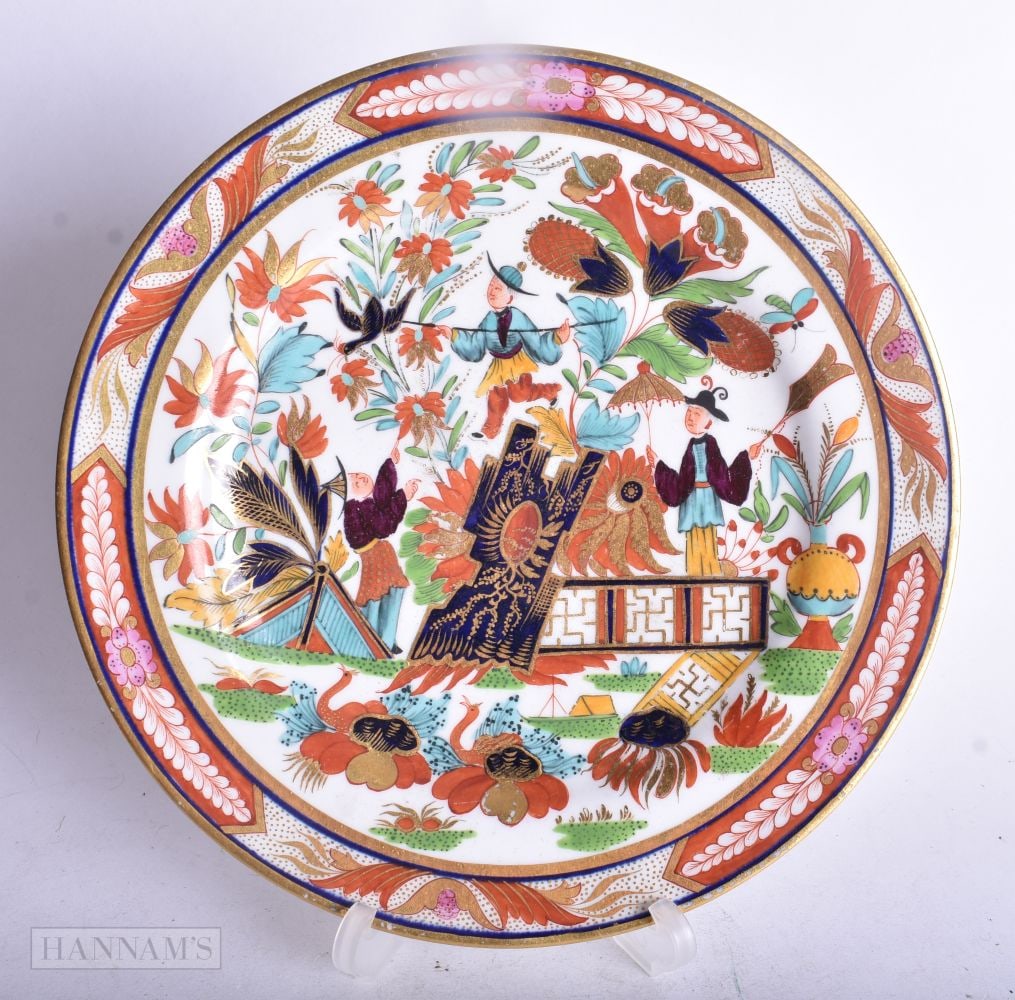 Barr Flight and Barr Worcester plate painted with three Chinese acrobats performing amongst trees, b (1 of 2)