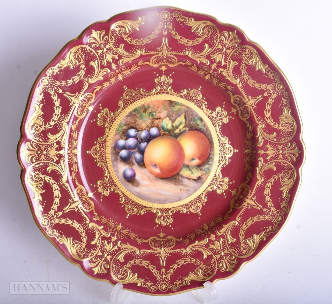 Royal Worcester claret ground plate painted with fruit on a mossy ground, the border with rich raise: Royal Worcester claret ground plate painted with fruit on a mossy ground, the border with rich raised gilding painted by R. Lewis, 1960?s, 22 cm diameter