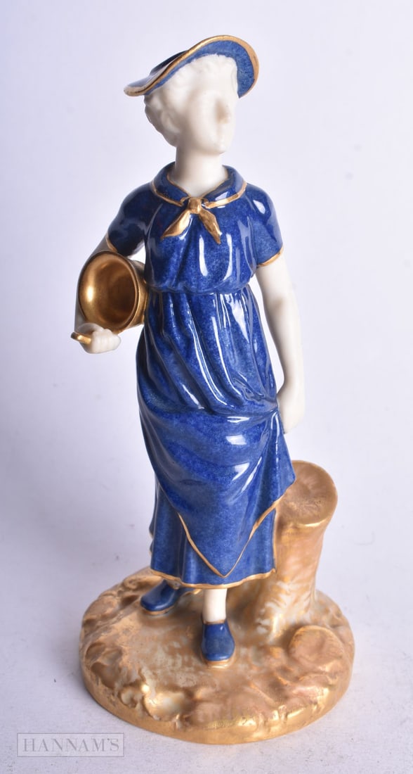 Royal Worcester rare of the Milkmaid, with a milk jug wearing powder blue clothing date mark 1920, s (1 of 4)