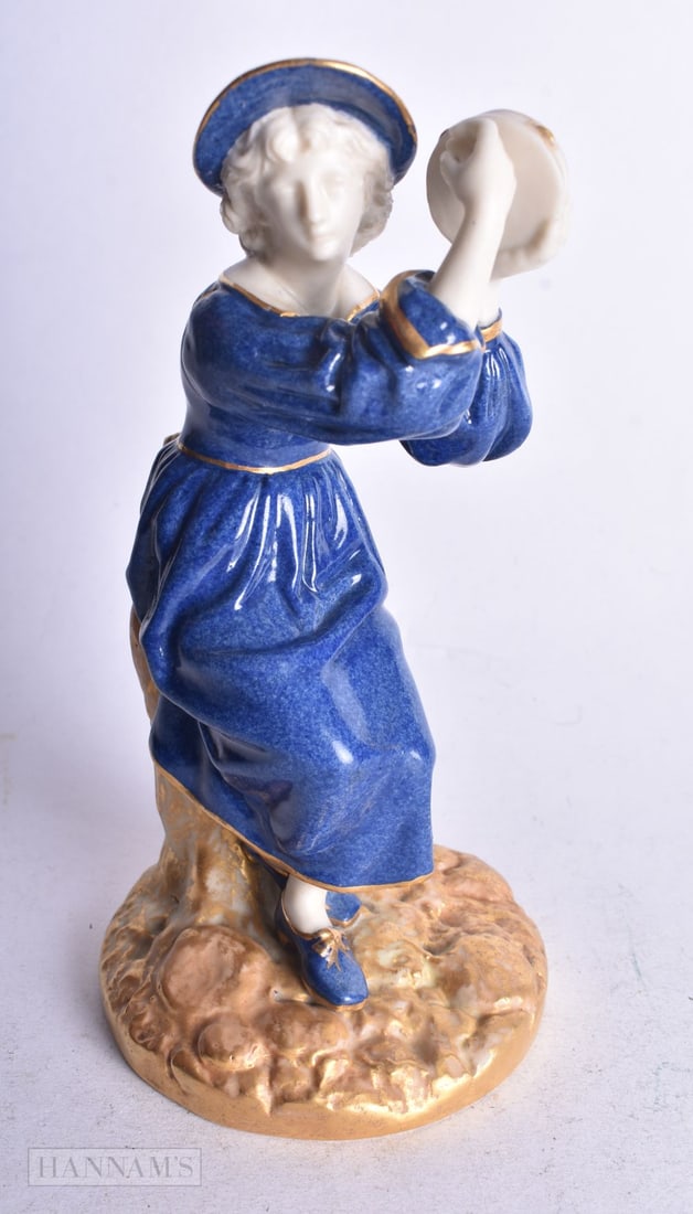 Royal Worcester figure of a girl holding a tambourine above her head, wearing powder blue clothing d (1 of 4)