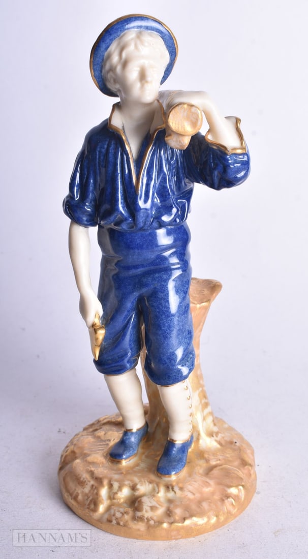 Royal Worcester rare of the Woodman, with an axe wearing powder blue clothing date mark 1920, shape (1 of 4)