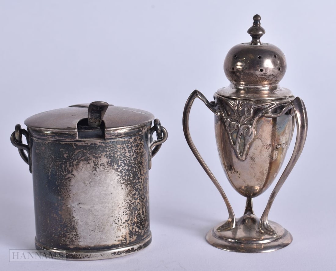 A STYLISH SILVER CONDIMENT together with a silver mustard pot & silver spoon. Silver 192 grams. (3) (1 of 5)