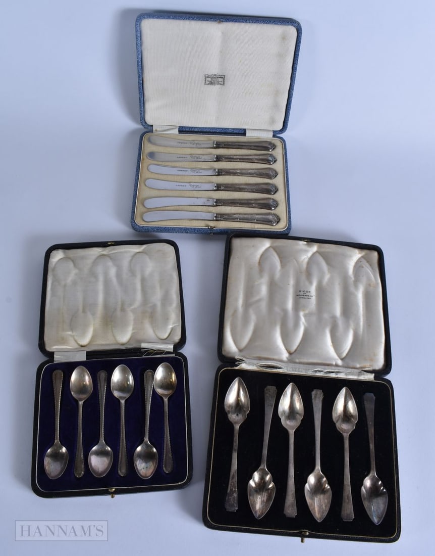 TWO CASED SETS OF SILVER SPOONS together with silver handled knives. Silver 220 grams, silver handle (1 of 7)