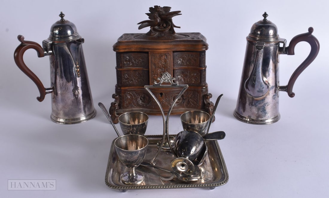 AN ANTIQUE BAVARIAN BLACK FOREST CARVED WOOD JEWELLERY BOX together with plated chocolate pots etc. (1 of 8)
