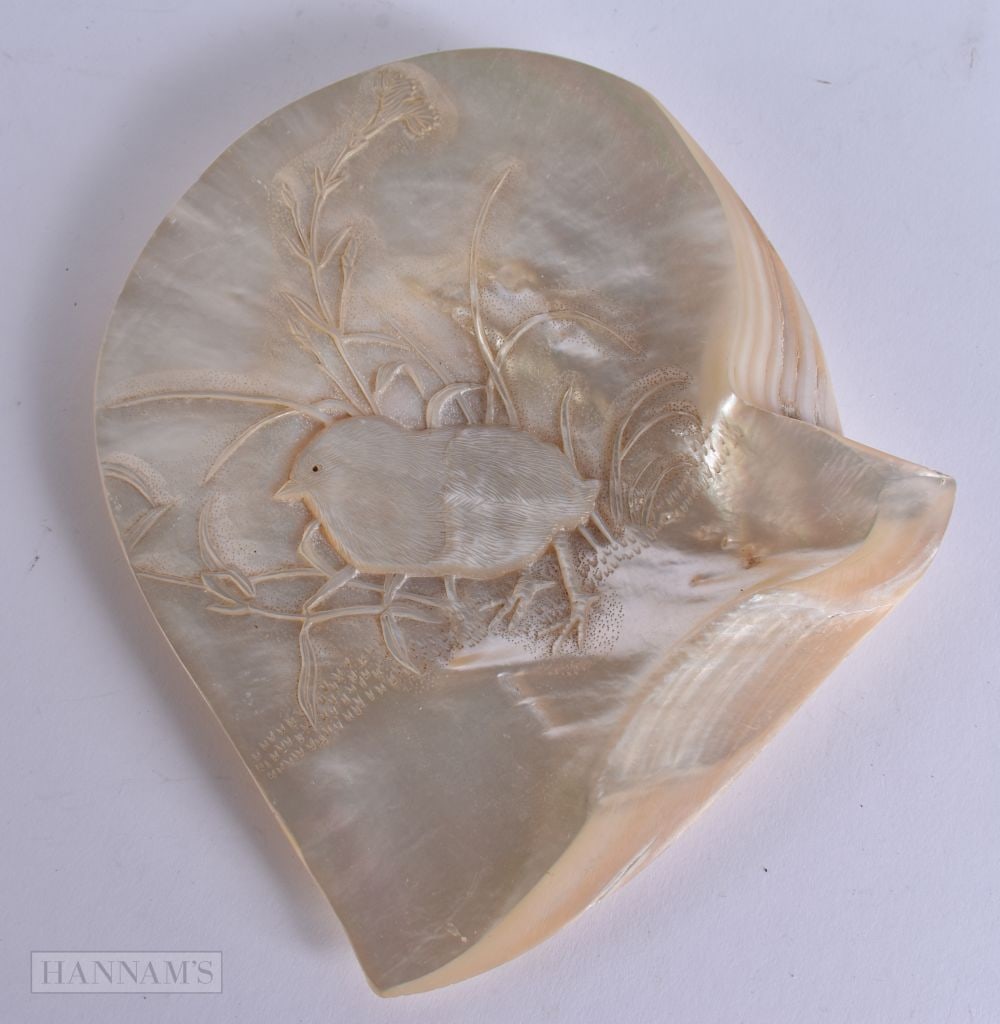 Antique Carved Mother Of Pearl Shell W/ Intricate Bird Design. 20 cm x 18 cm. (1 of 3)