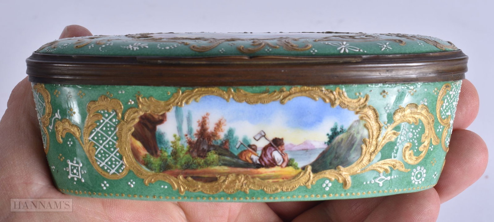 AN OVERSIZED 18TH CENTURY ENGLISH ENAMEL BOX painted with figures on an apple green ground. 13 cm x (1 of 5)