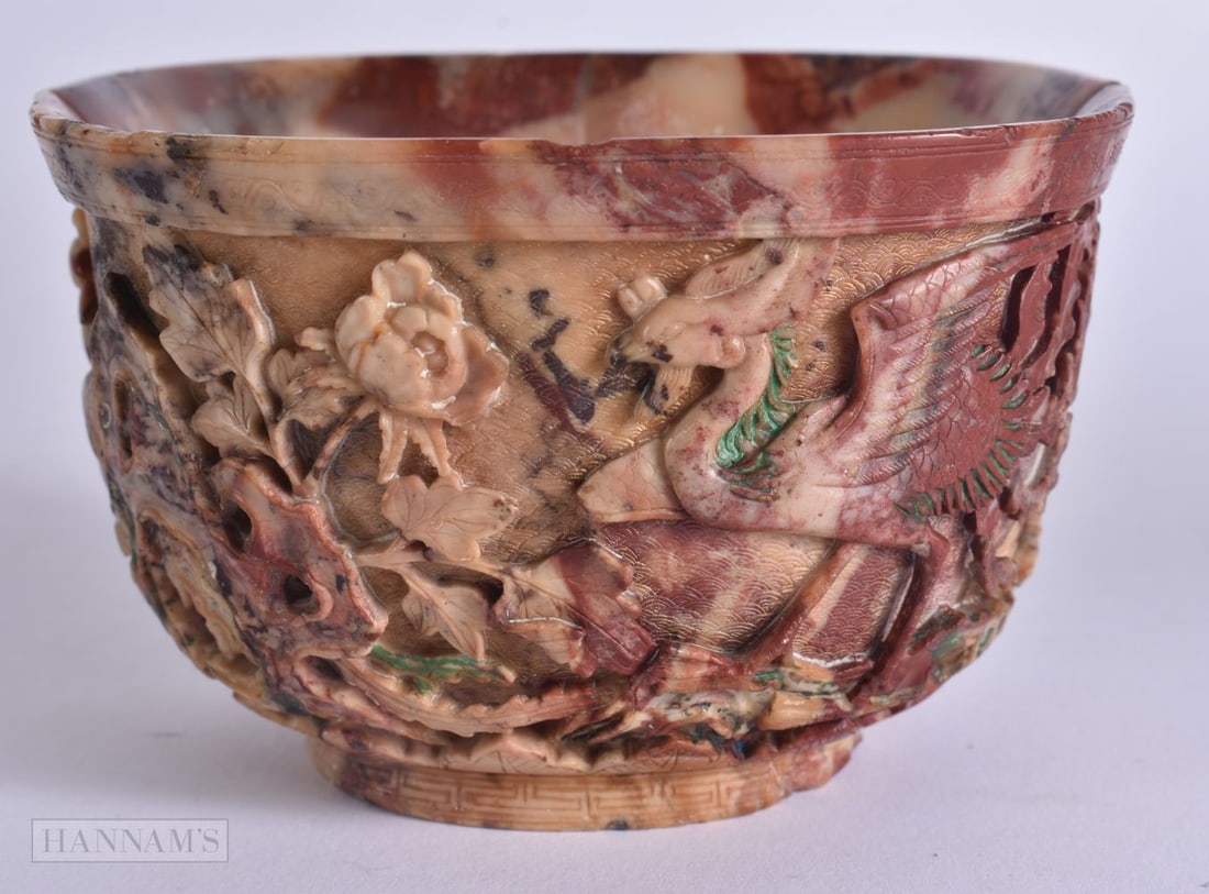 A FINE CHINESE QING DYNASTY CARVED SOAPSTONE LIBATION CUP beautifully carved with birds and foliage. (1 of 15)