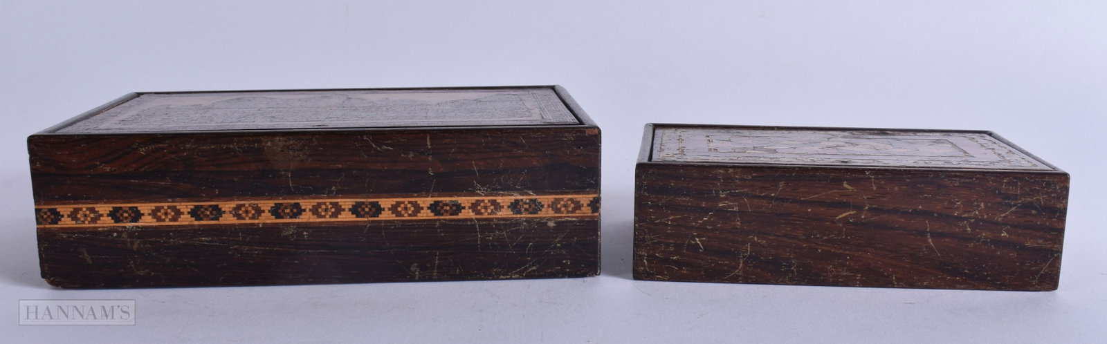 TWO VICTORIAN TUNBRIDGEWARE BOXES AND COVERS. Largest 18 cm x 11 cm. (2) (1 of 5)