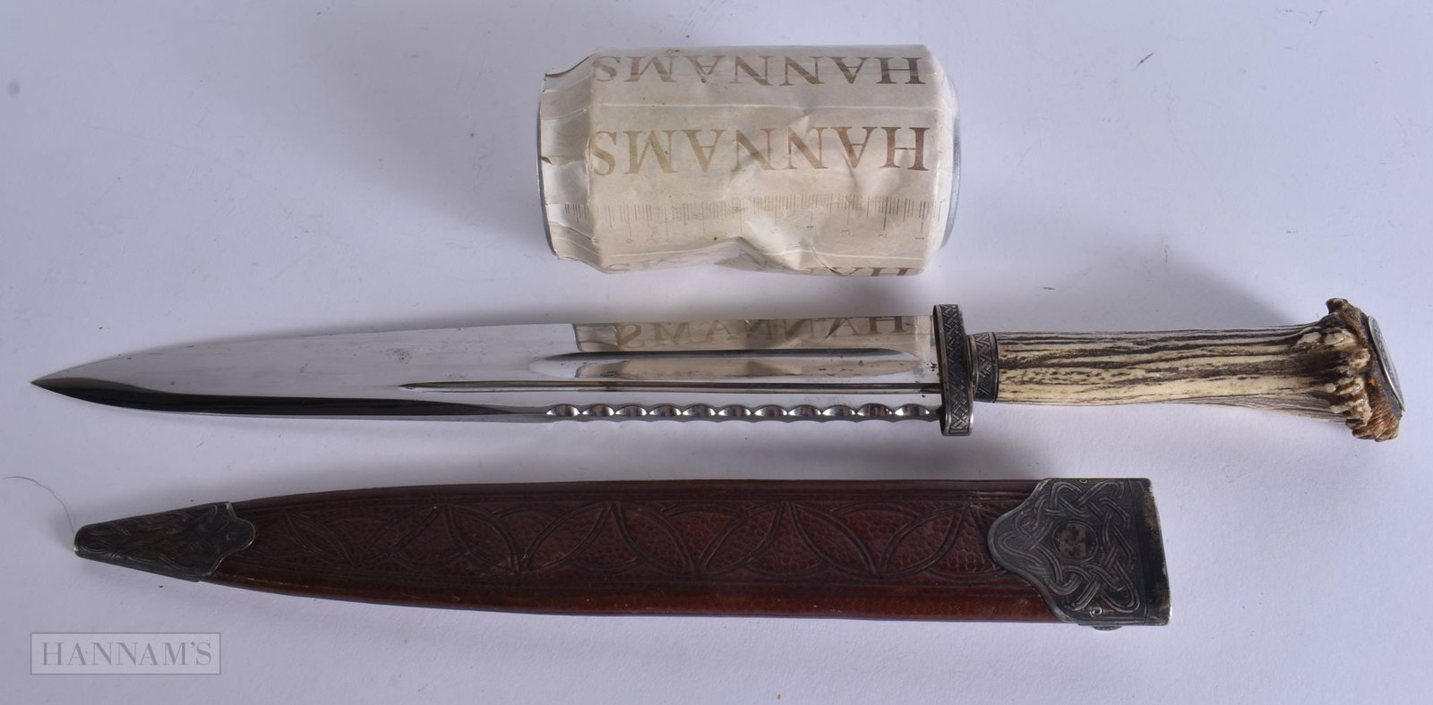A LARGE SCOTTISH SILVER MOUNTED ANTLER HORN KNIFE. 40 cm long. (1 of 5)