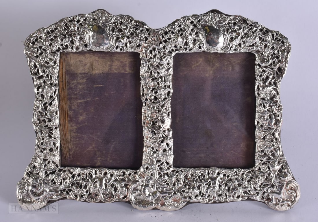 AN ANTIQUE SILVER DOUBLE PHOTOGRAPH FRAME. 26 cm x 18 cm. (1 of 4)