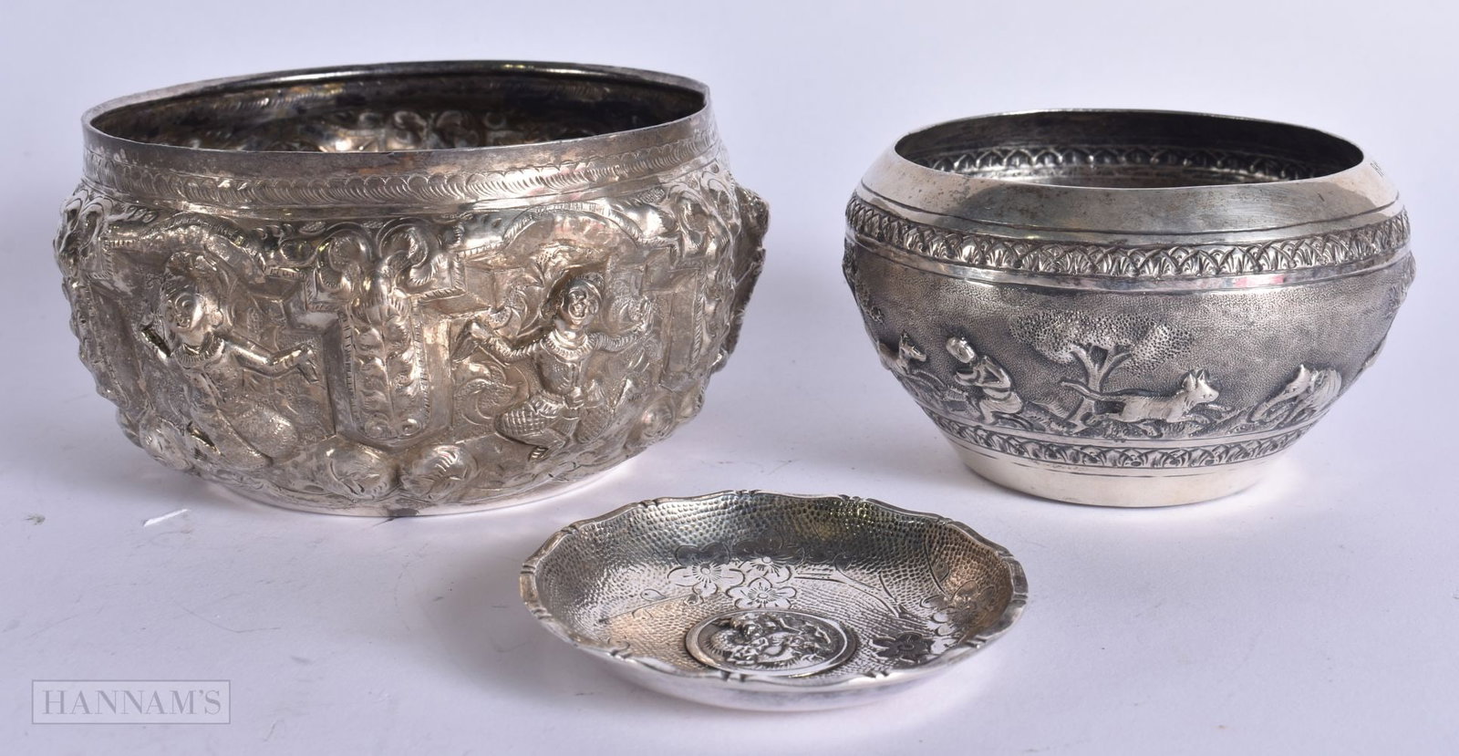 TWO ANTIQUE EASTERN WHITE METAL BOWLS and a dragon dish. 299 grams. Largest 12 cm wide. (3) (1 of 8)