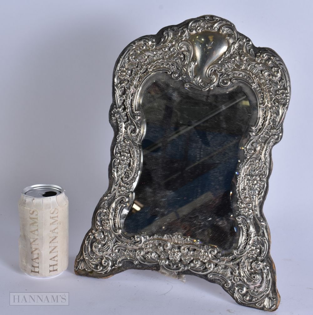 AN ANTIQUE SILVER MIRROR. 36 cm x 26 cm. (1 of 4)