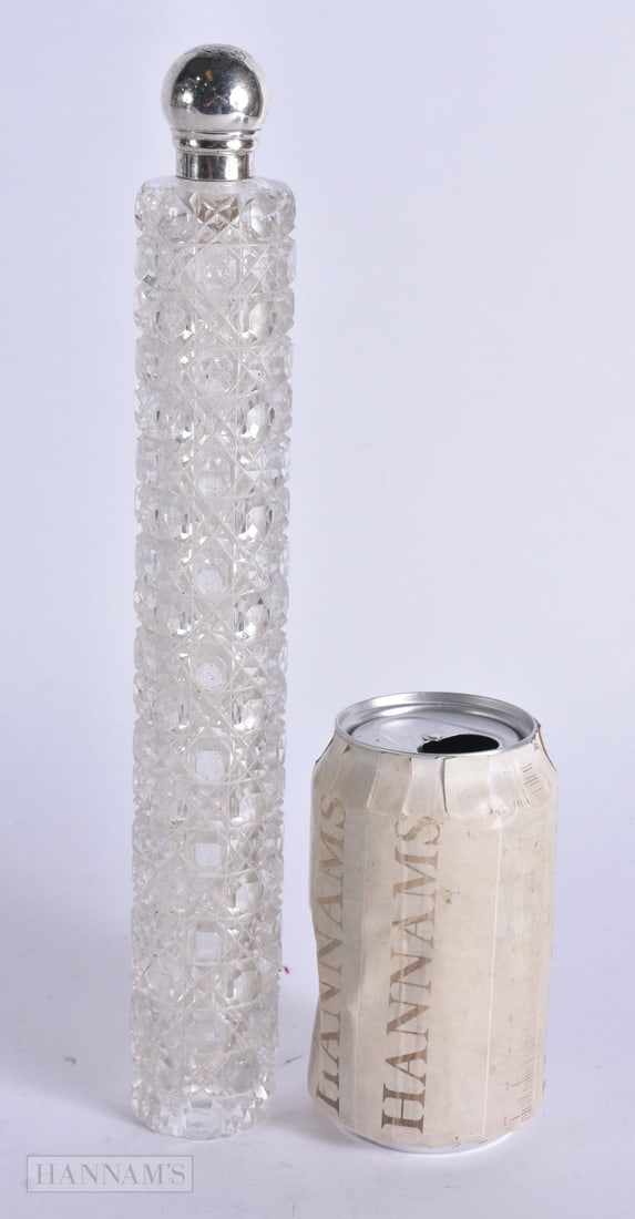 A LARGE ANTIQUE SILVER MOUNTED CUT GLASS SCENT BOTTLE. 28 cm high. (1 of 5)