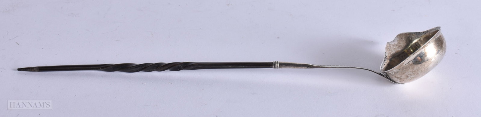AN ANTIQUE SILVER AND HORN LADLE. 38 grams. 34 cm long. (1 of 5)
