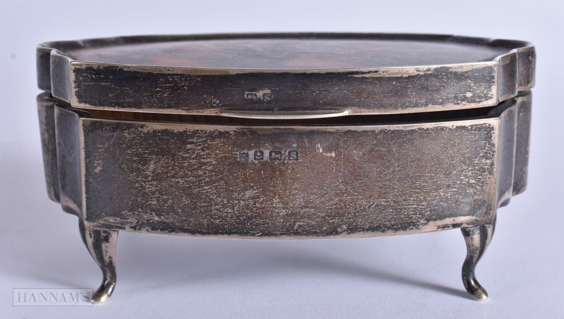 AN ANTIQUE SILVER AND TORTOISESHELL JEWELLERY BOX. 215 grams overall. 12 cm x 8 cm. (1 of 5)