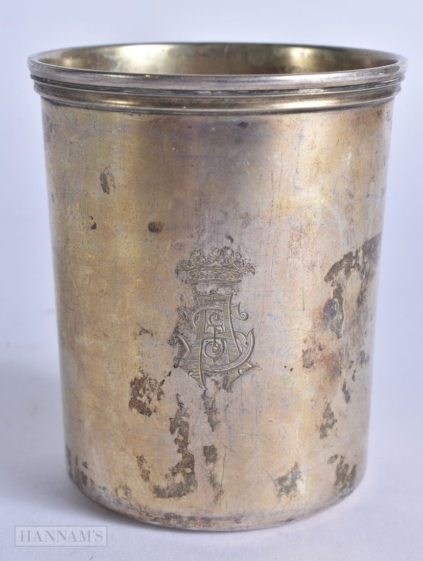 AN ANTIQUE WHITE METAL BEAKER. 9 cm high. (1 of 5)