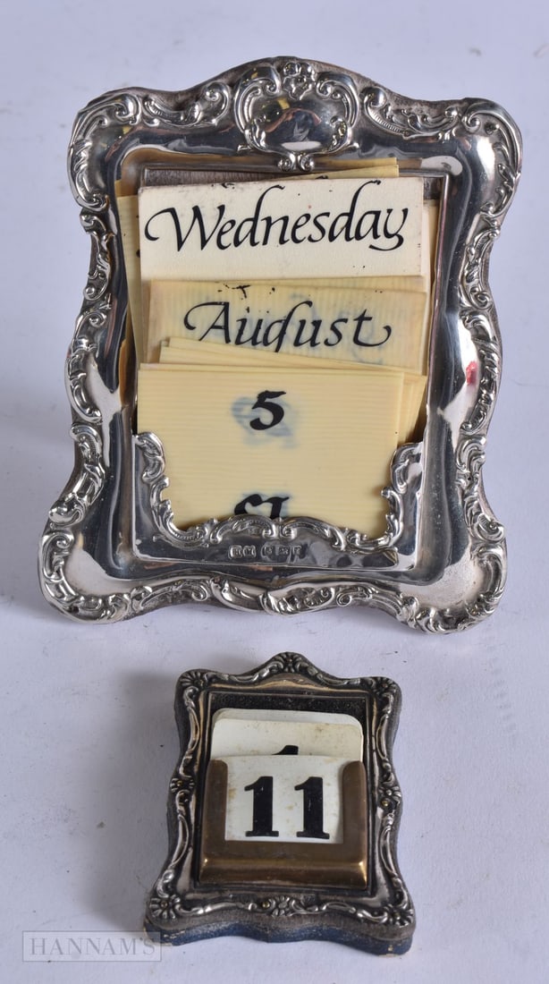 TWO ANTIQUE SILVER DESK CALENDARS. (2) (1 of 6)