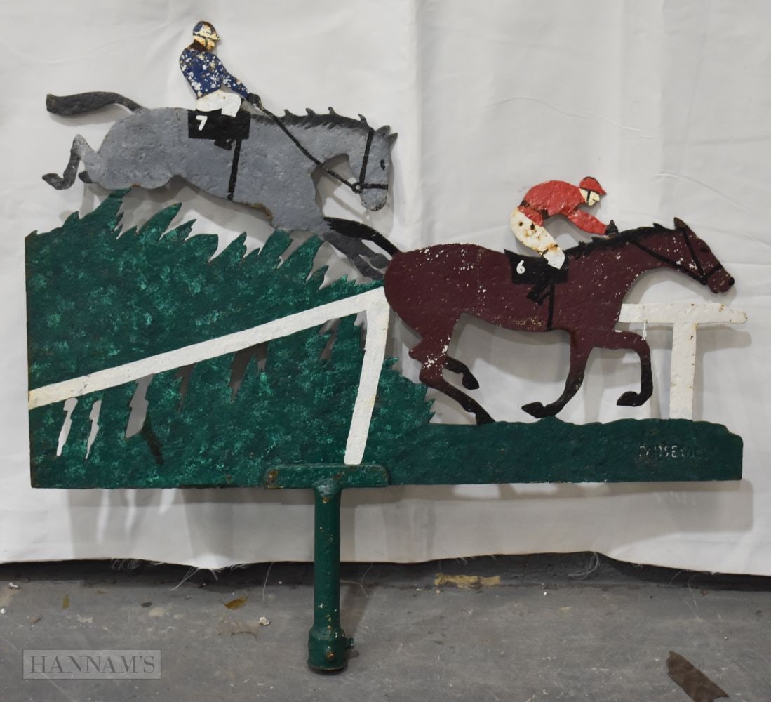 A FOLK ART PAINTED HORSE RACING ALLOY MOUNT. 98 cm x 78 cm. (1 of 6)