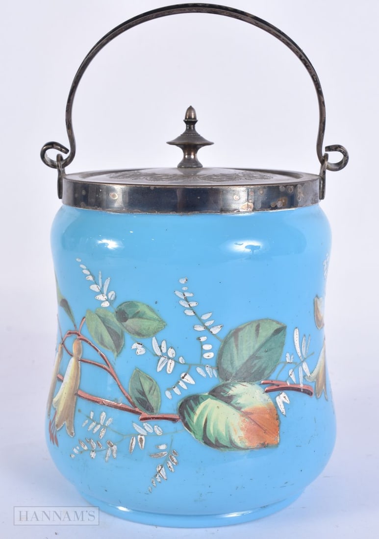 A VICTORIAN ENAMELLED BLUE OPALINE GLASS BISCUIT BARREL. 21.5 cm high inc handle.: A VICTORIAN ENAMELLED BLUE OPALINE GLASS BISCUIT BARREL. 21.5 cm high inc handle.