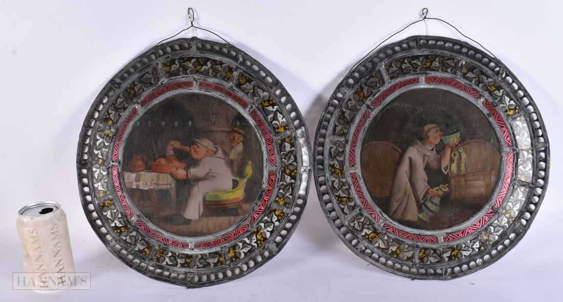 A RARE PAIR OF EARLY VICTORIAN STAINED GLASS WINDOWS depicting unusual comical religious scenes. 33 (1 of 11)