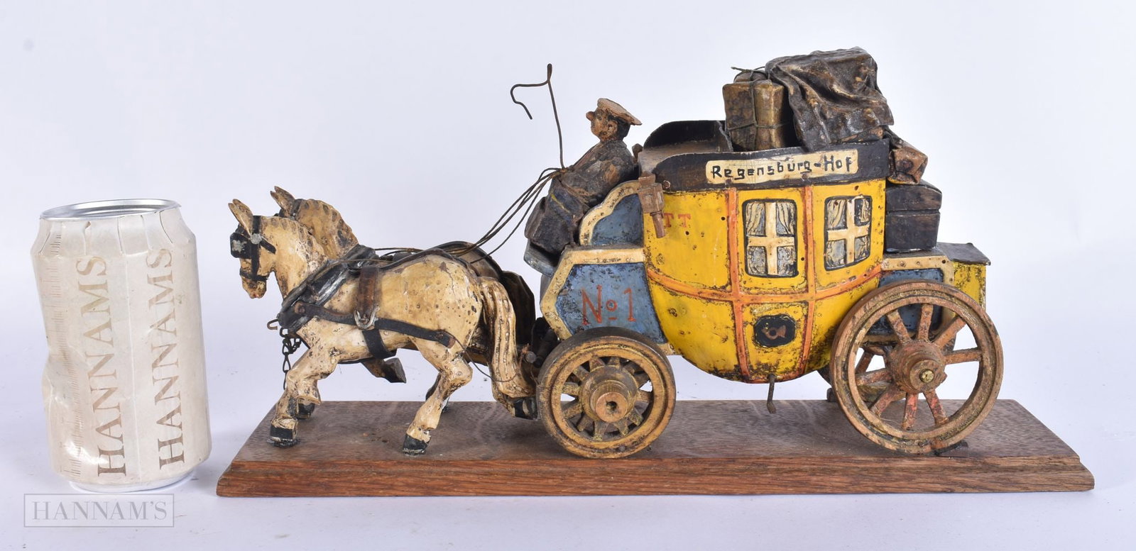 AN UNUSUAL EARLY 20TH CENTURY CARVED WOOD AND PAPIER MACHE FOLK ART CARRIAGE. 35 cm x 18 cm. (1 of 6)