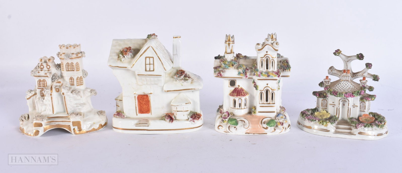 FOUR ANTIQUE STAFFORDSHIRE PASTILLE BURNER HOUSES. Largest 13 cm x 11 cm. (4) (1 of 6)
