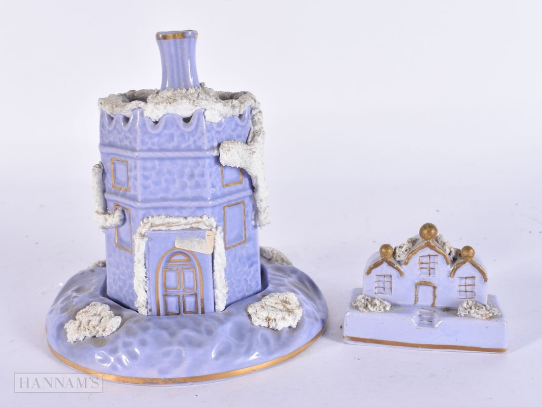 A RARE ANTIQUE STAFFORDSHIRE LILAC FORM PASTILLE BURNER AND COVER together with a similar small hous (1 of 6)