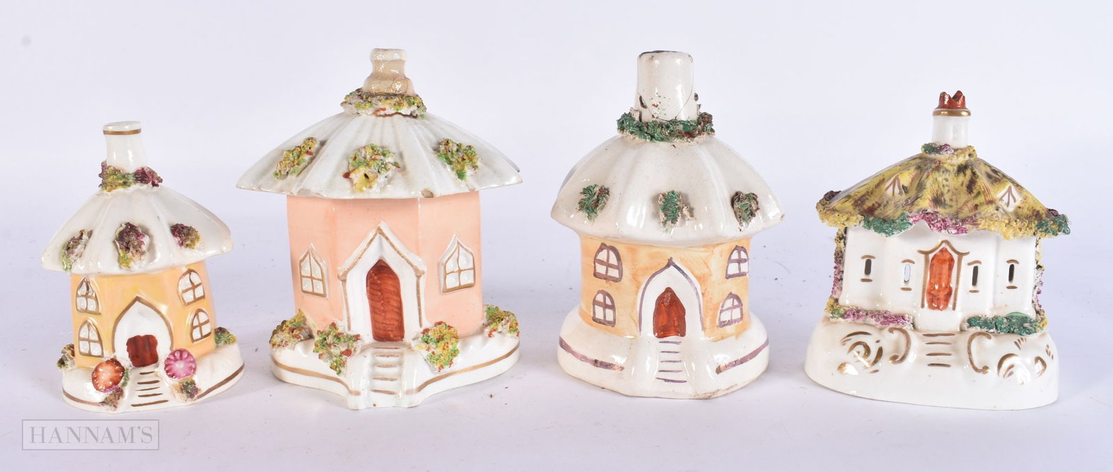 FOUR ANTIQUE STAFFORDSHIRE PASTILLE BURNER HOUSES. Largest 13 cm x 11 cm. (4) (1 of 6)