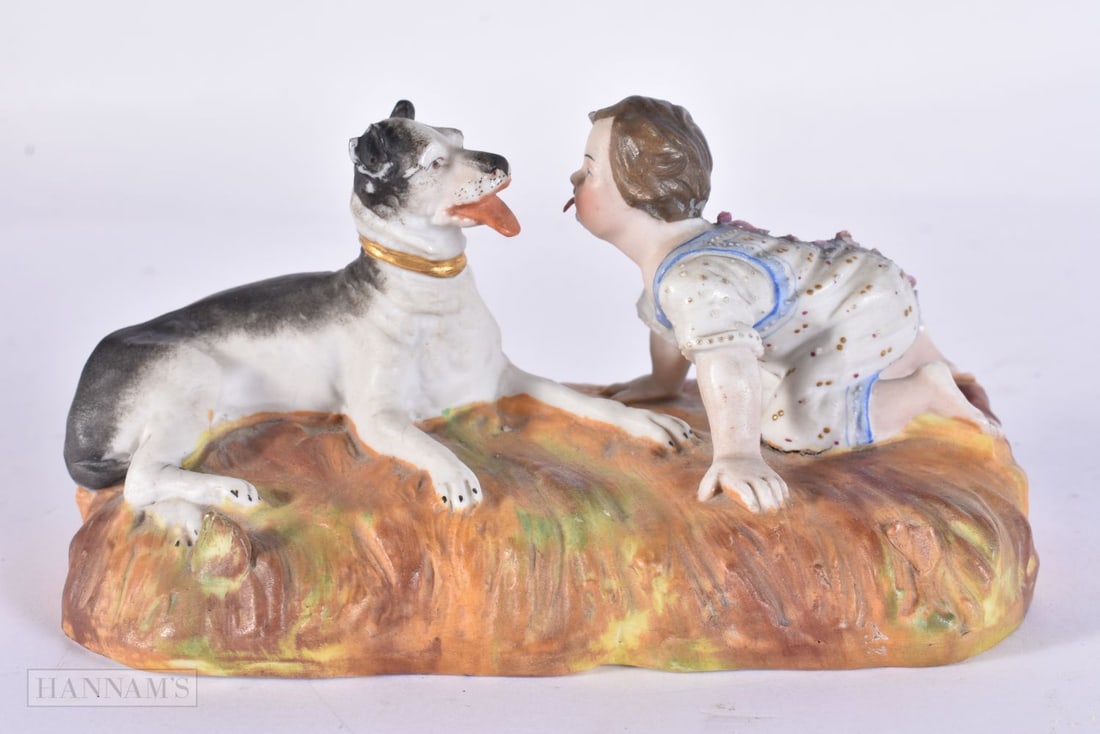 AN UNUSUAL VICTORIAN PORCELAIN DOG AND CHILD HUMOROUS FIGURE. 15 cm x 7.5 cm. (1 of 5)