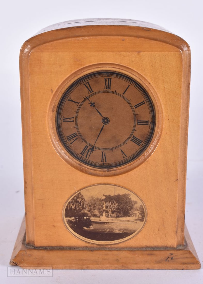 AN UNUSUAL VICTORIAN MAUCHLINE WARE CLOCK FACE TREEN MONEY BOX. 12 cm x 8.5 cm. (1 of 6)