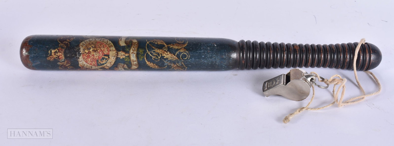 AN ANTIQUE PAINTED WOOD TRUNCHEON. 40 cm long.: AN ANTIQUE PAINTED WOOD TRUNCHEON. 40 cm long.