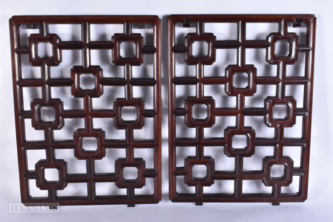 A PAIR OF CHINESE QING DYNASTY CARVED HUANGHUALI WOOD PANELS. 45 cm x 34 cm. (1 of 7)