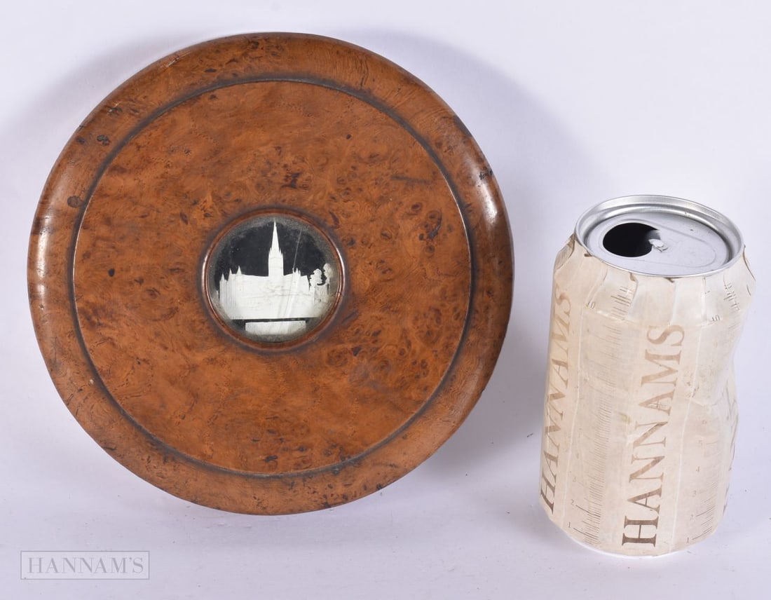 AN UNUSUAL EARLY 19TH CENTURY BURR WALNUT TABLE SNUFF BOX inset with a glass panel of Salisbury Cath: AN UNUSUAL EARLY 19TH CENTURY BURR WALNUT TABLE SNUFF BOX inset with a glass panel of Salisbury Cathedral. 16.5 cm wide.