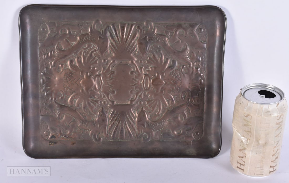 AN ARTS AND CRAFTS COPPER REPOUSSE TRAY possibly Newlyn. 17.5 cm x 22.5 cm. (1 of 5)