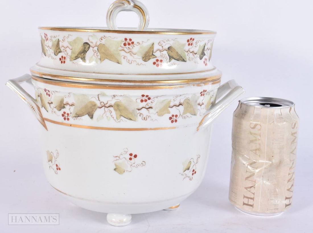 AN EARLY 19TH CENTURY ENGLISH PORCELAIN TWIN HANDLED ICE PAIL AND COVER painted with vines. 22 cm x (1 of 5)