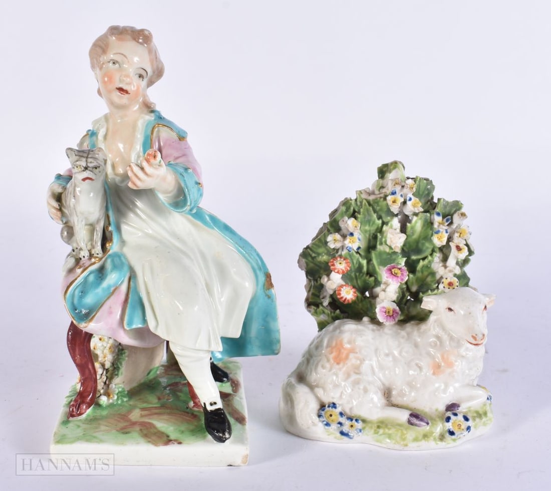 A LATE 18TH/19TH CENTURY DERBY PORCELAIN FIGURE OF A FEMALE modelled beside a cat, together with a D (1 of 5)