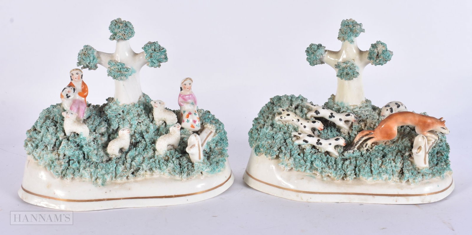 A RARE PAIR OF 19TH CENTURY STAFFORDSHIRE FOX HUNTING & SHEEP GROUPS. 15 cm x 16.5 cm. (1 of 6)