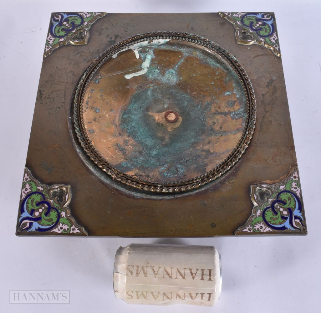 A LOVELY LARGE 19TH FRENCH BRONZE AND CHAMPLEVE ENAMEL CENTREPIECE DISH STAND decorated with foliage (1 of 5)