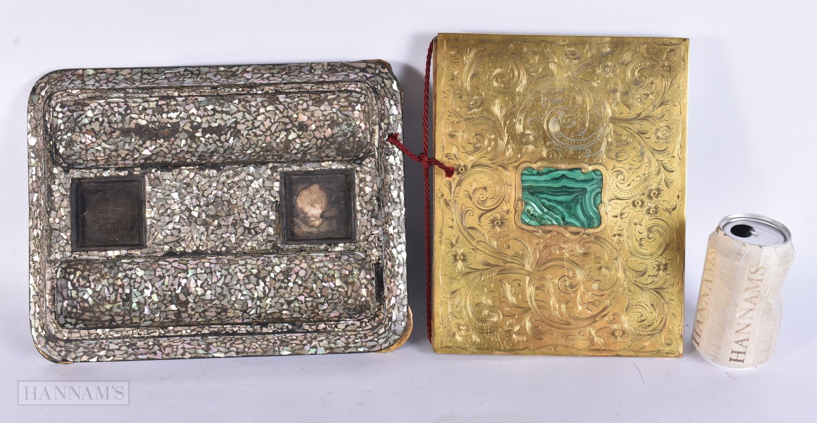 A 19TH CENTURY FRENCH GILT BRONZE AND MALACHITE BOOK/FOLIO together with an abalone shell desk stand: A 19TH CENTURY FRENCH GILT BRONZE AND MALACHITE BOOK/FOLIO together with an abalone shell desk stand. Largest 32 cm x 22 cm. (2)